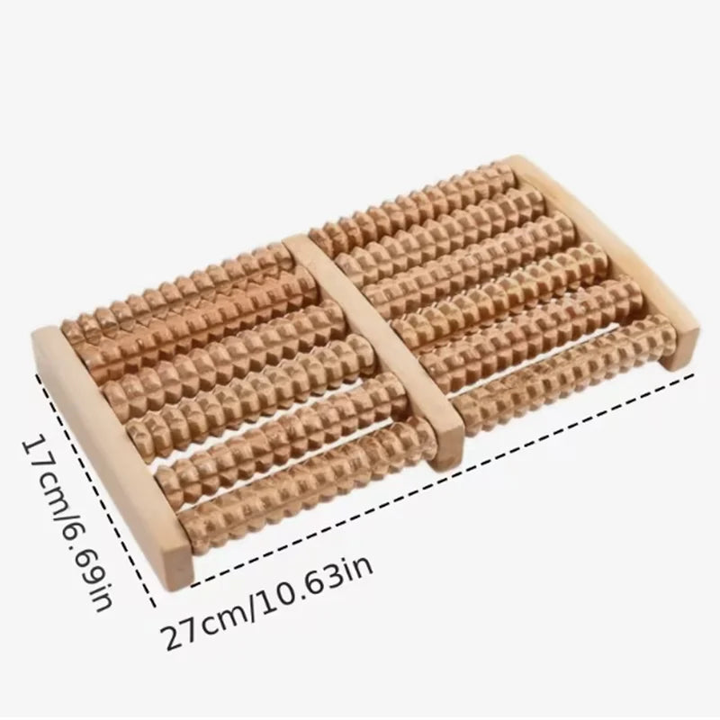 Wooden foot massage roller with parallel ridges for reflexology and tension relief