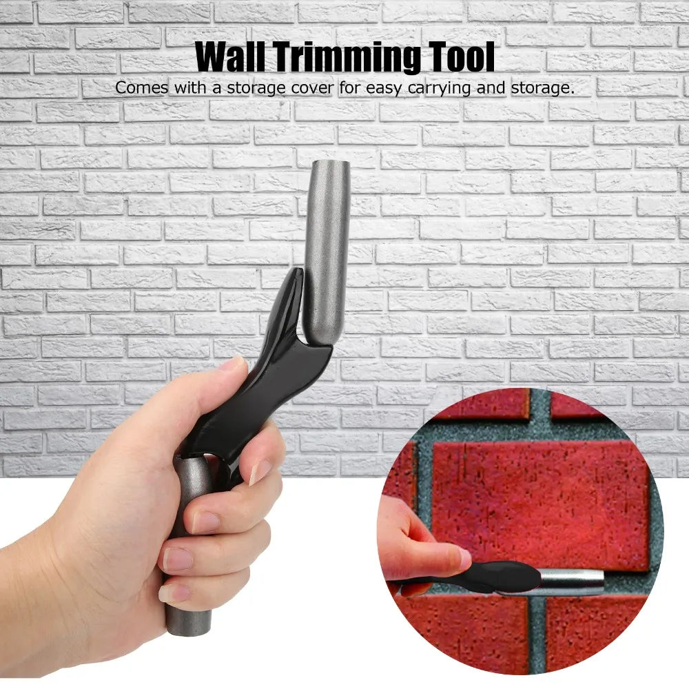 A hand holds a professional brick jointer tool with a cast aluminum handle and storage cover.
