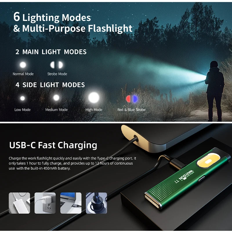 Portables LED-Taschenlampe mit verschiedenen Lichtmodi und USB-C-Ladekabel.