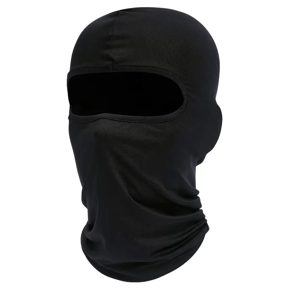 Black full face balaclava with a cutout for the face, designed for windproof cycling and motorcycle use.