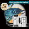 Silver handheld magnifying glass with a black handle and storage pouch, showing a magnified insect.