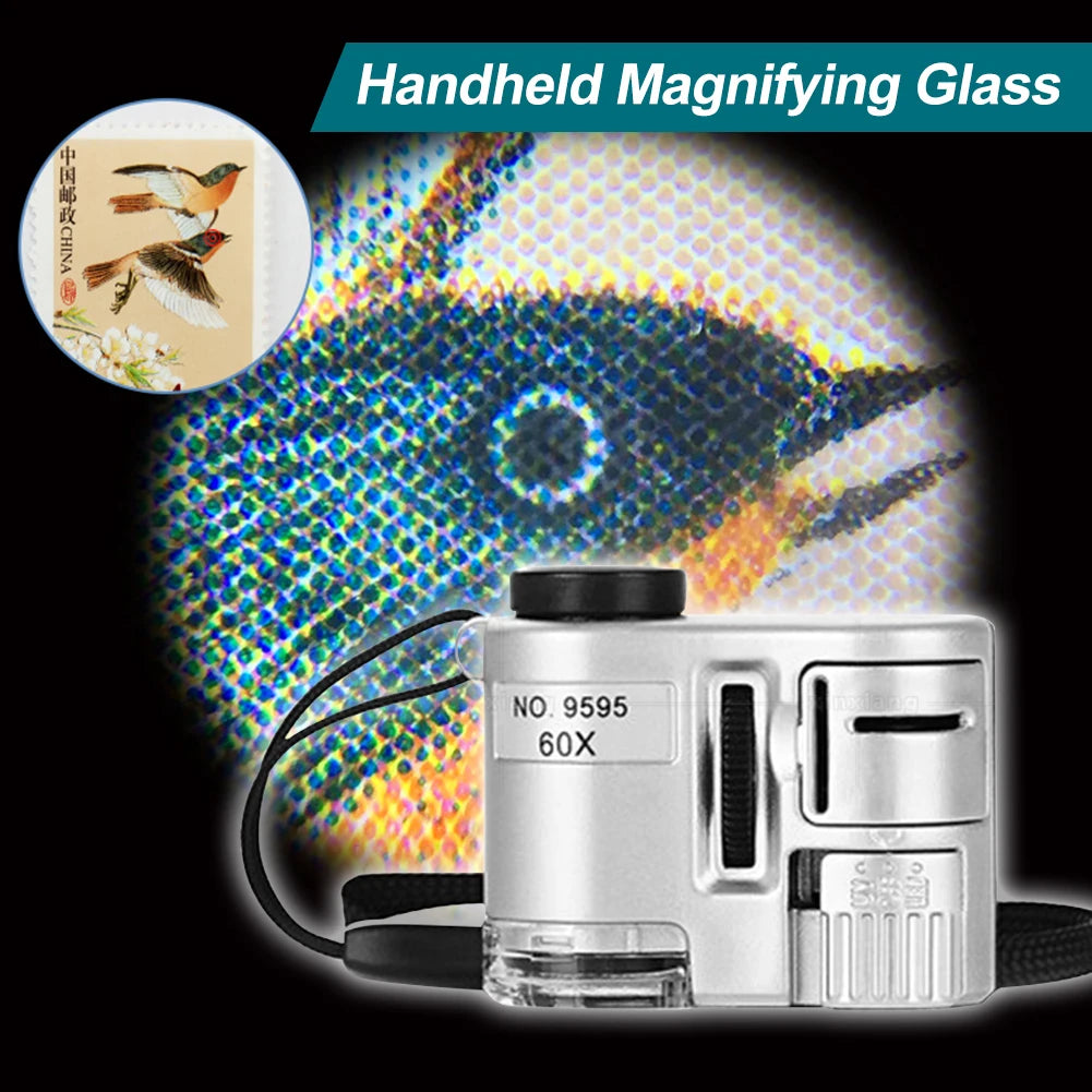 Silver handheld magnifying glass with a black handle and storage pouch, showing a magnified insect.
