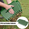 A pair of green leaf grabber collectors being held by a hand, used for garden cleanup.
