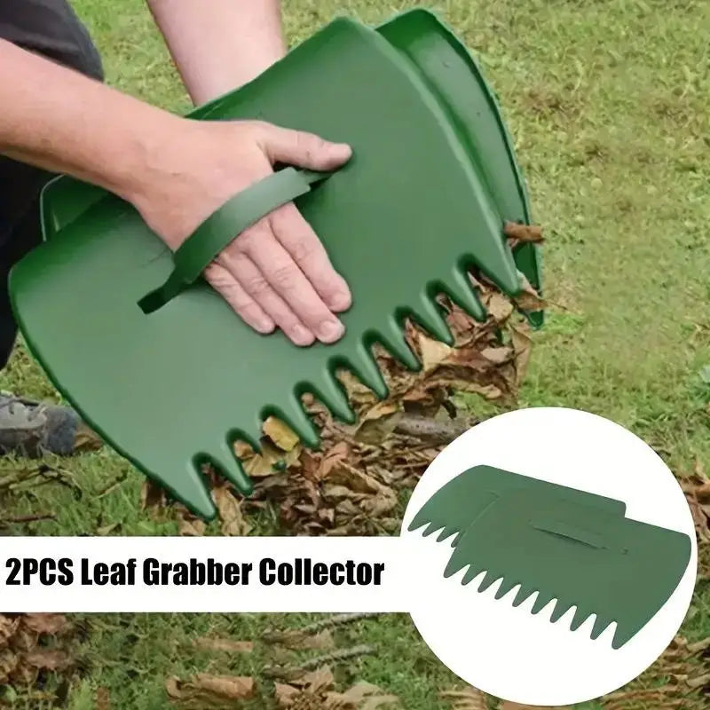 A pair of green leaf grabber collectors being held by a hand, used for garden cleanup.