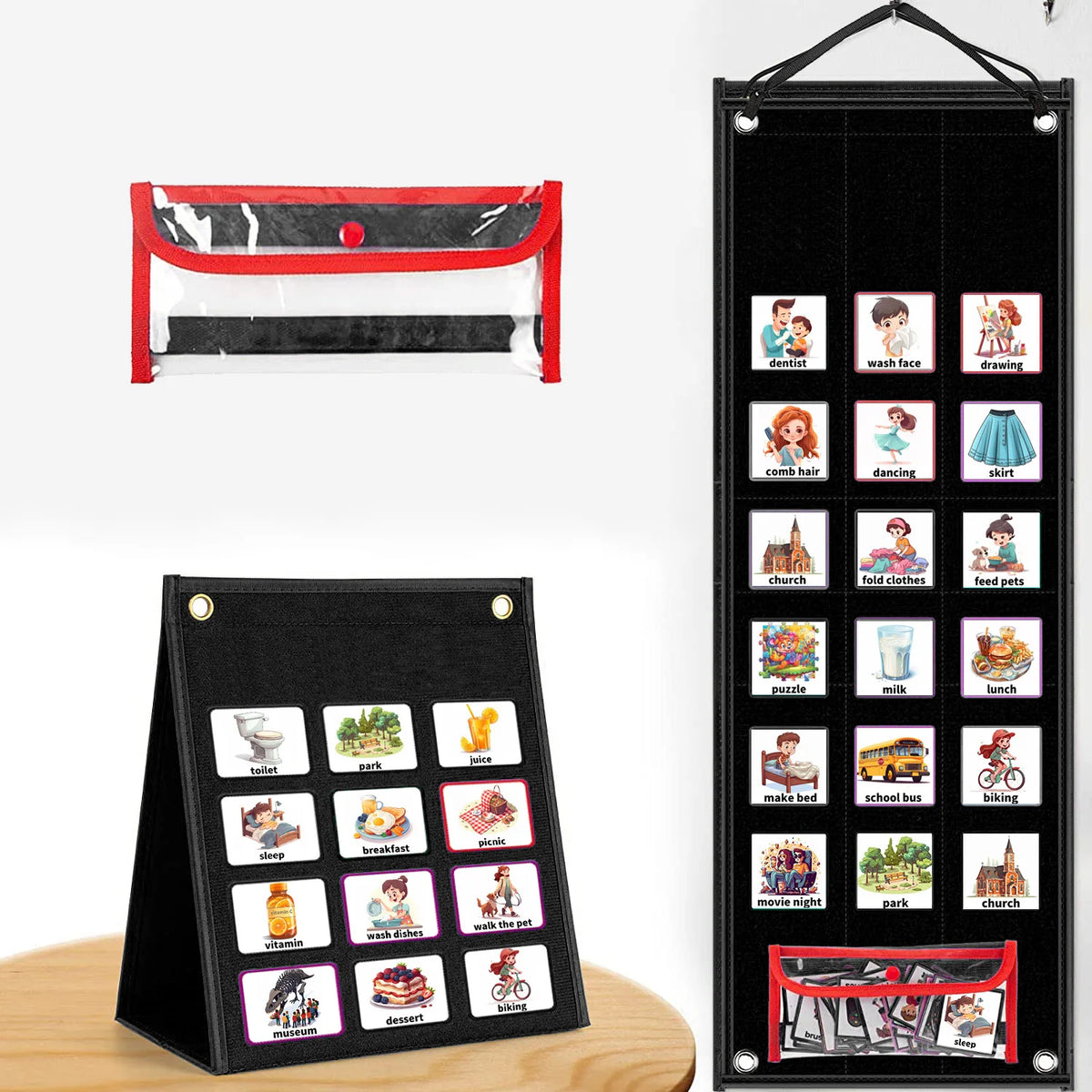 A set of visual schedule cards for daily routines and chores featuring various activities like dentist, washing face, drawing