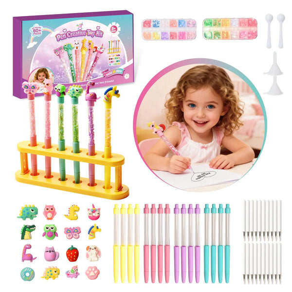 A colorful DIY glitter pen craft kit for kids showing various pens and glitter materials.