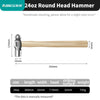 A 24oz round head hammer featuring a wooden handle and steel head, shown with dimensions.