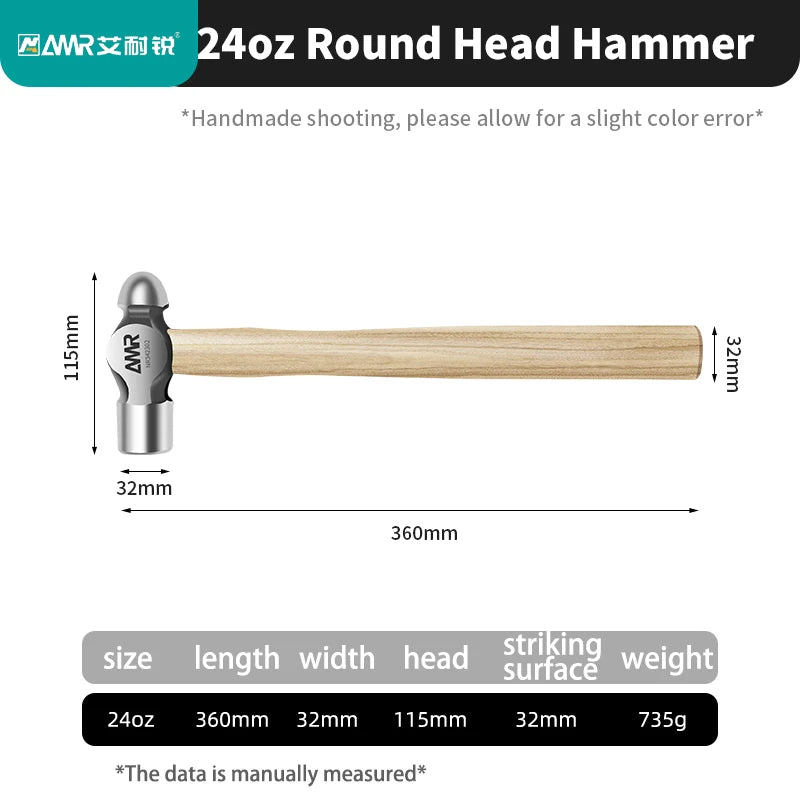 A 24oz round head hammer featuring a wooden handle and steel head, shown with dimensions.