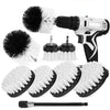 A set of drill brush cleaning tools including a handheld electric brush and several interchangeable tile and surface cleaning