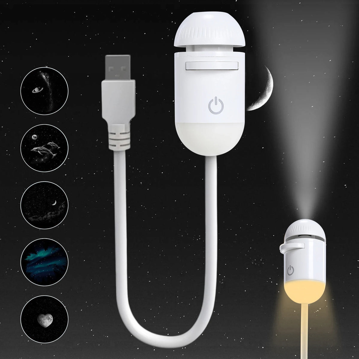 A white 2-in-1 mini projector night light with a USB connector and a light source, shown against a starry background.