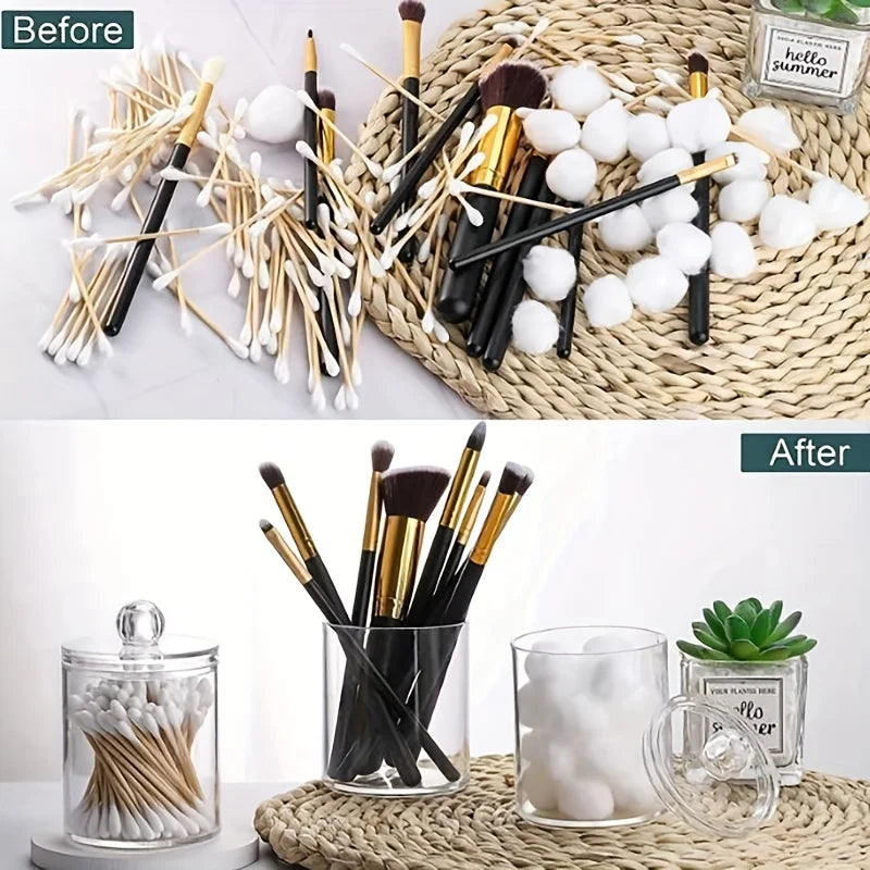 Before and after comparison of a clear acrylic cotton ball and swab holder jar for cleaning tools