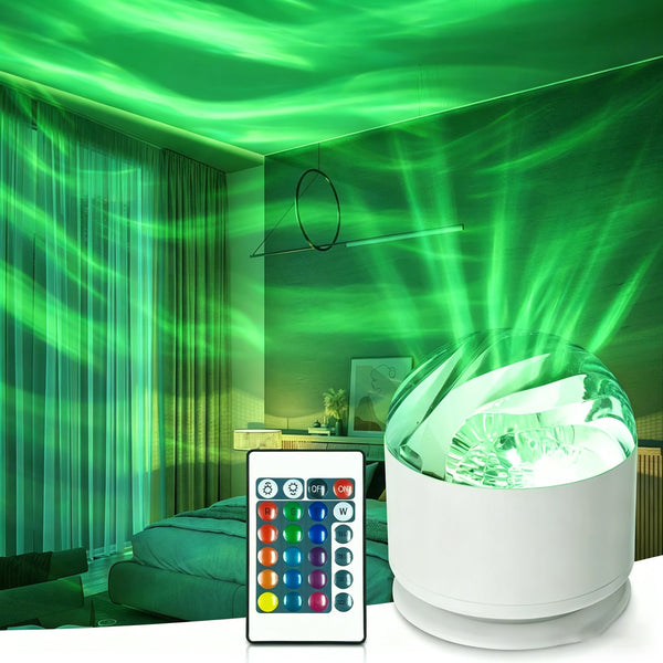 A white projector night light illuminates green light patterns on a wall in a room.