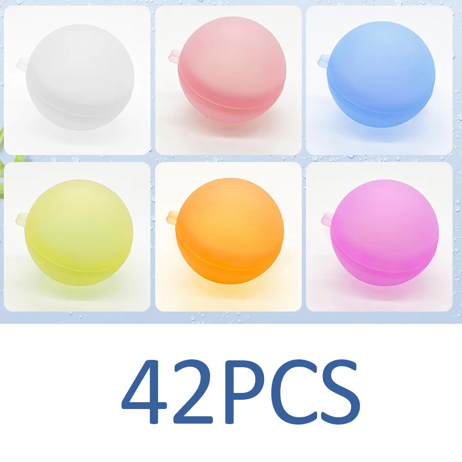 A collection of 42 reusable splash water balloons in various colors including white, pink, blue, yellow, and orange.