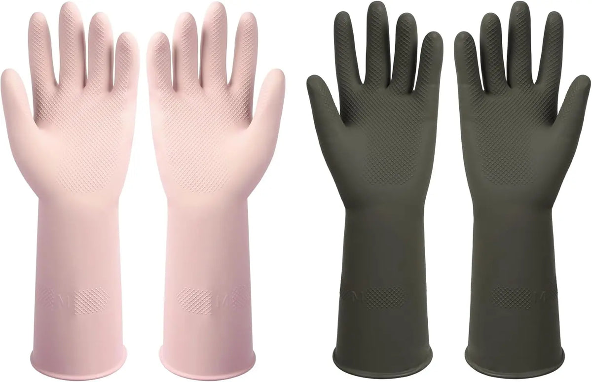 Two pairs of reusable non-slip dishwashing rubber gloves shown in pink and gray.