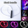 A black handle of an LED fiber optic dance whip with a 360° swivel, shown alongside various light effects.