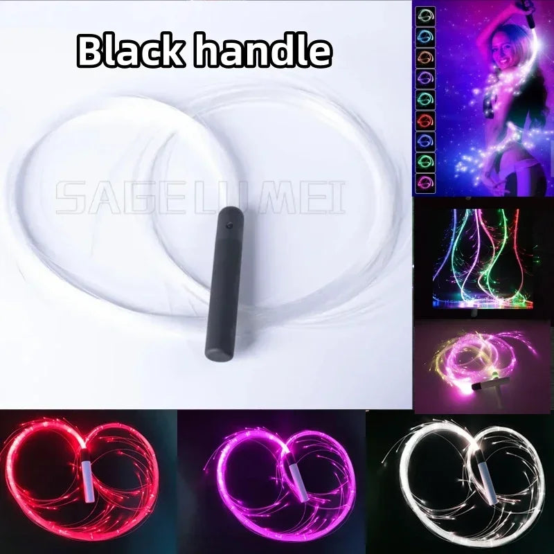 A black handle of an LED fiber optic dance whip with a 360° swivel, shown alongside various light effects.