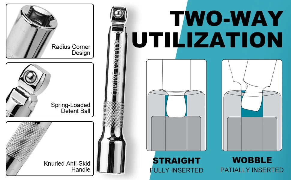 A set of two-way utilization socket extensions showing straight and wobble insertion methods.