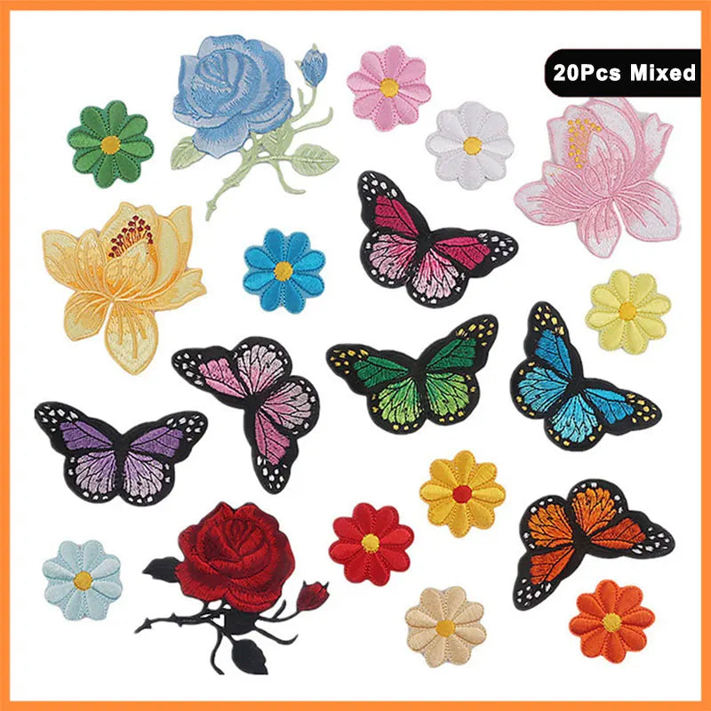 A collection of mixed embroidered iron-on patches featuring various flowers and butterflies in shades of pink, blue, yellow, 