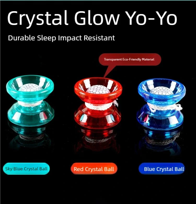A set of Crystal Glow Yo-Yos featuring sky blue, red, and blue crystal balls.
