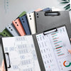A stack of colorful A4 document board clips and a black folder with a protective cover are displayed on a desk.