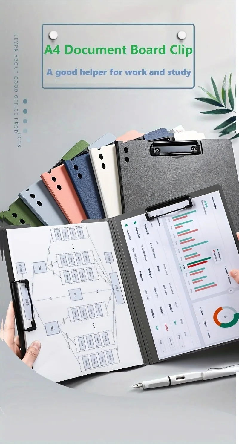 A stack of colorful A4 document board clips and a black folder with a protective cover are displayed on a desk.