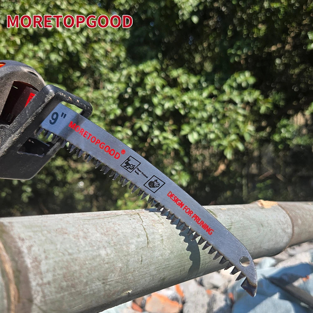 A close-up of a 9 inch Moretopgood wood pruning reciprocating saw blade attached to a metal pipe.