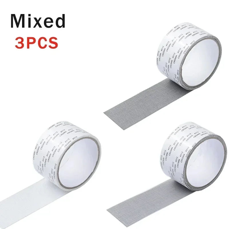 Three rolls of mixed self-adhesive fiberglass screen repair tape shown in various angles