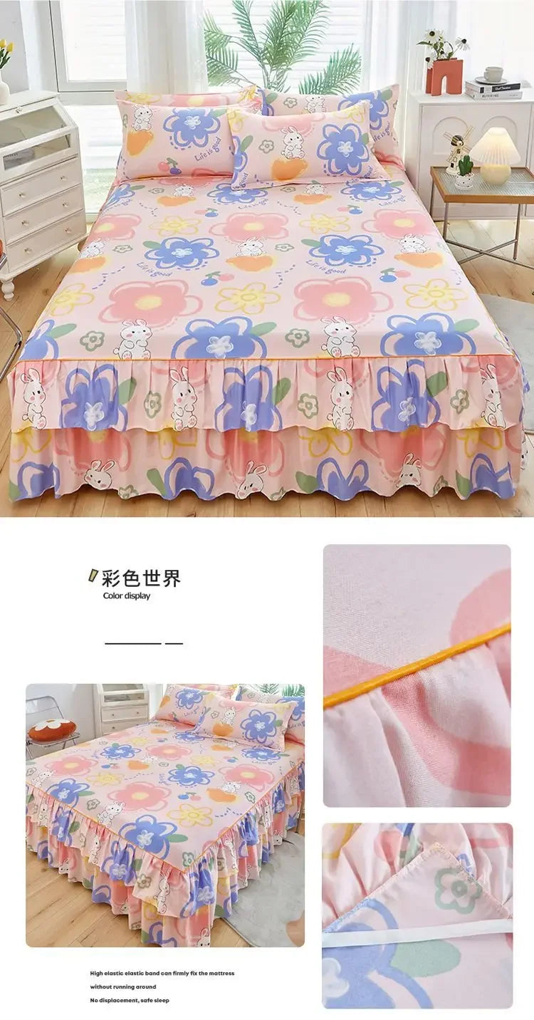Floral Bed Skirt Set with Anti-Slip Mattress Cover