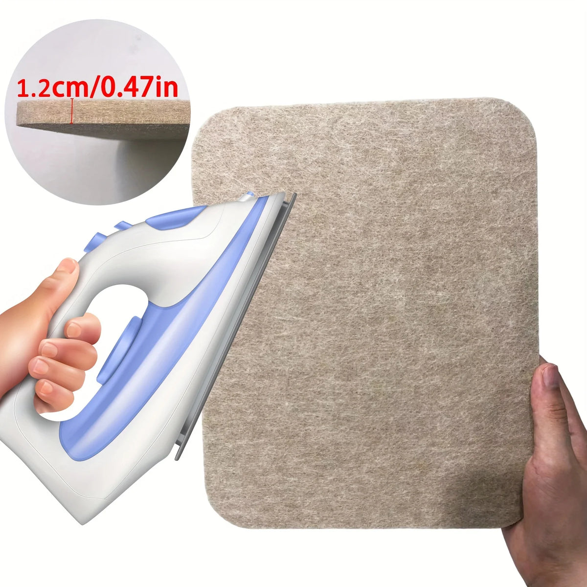 A hand is holding a white and blue heat-resistant wool felt ironing mat, demonstrating its thickness.