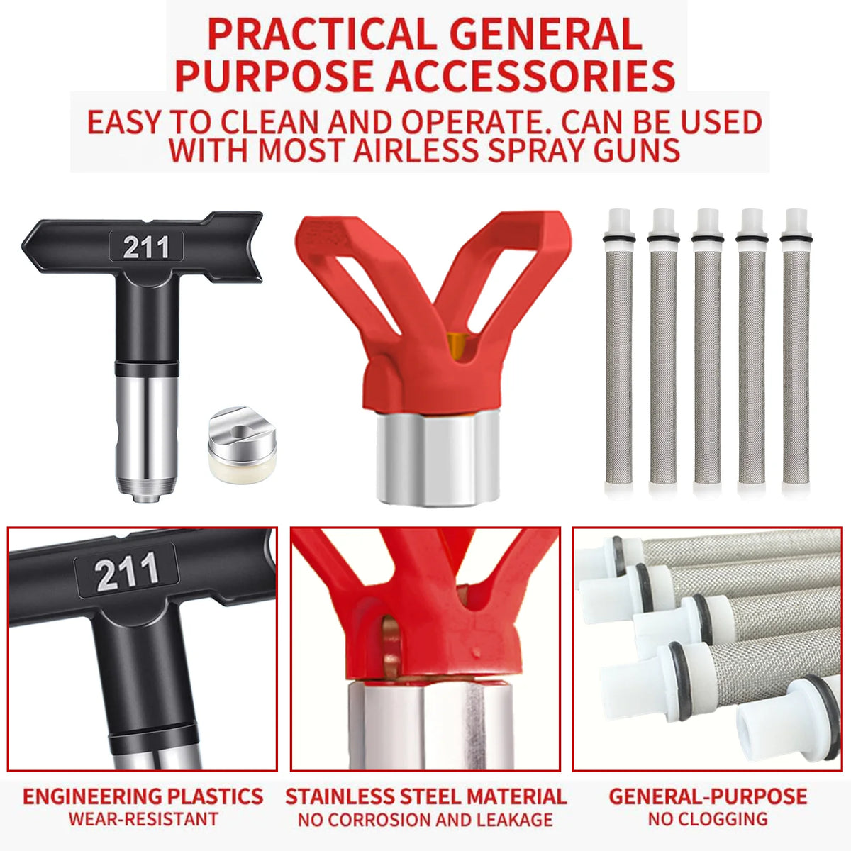 Un ensemble d'accessoires polyvalents pour pistolets sans air, comprenant un outil noir, une buse rouge et plusieurs pointes 