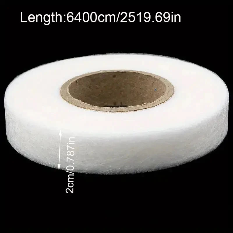 Roll of white no-sew iron-on hem tape with dimensions 6400cm or 2519.69in