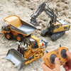 A remote controlled excavator, bulldozer, and dump truck toy set in yellow and black on dirt ground with a controller.