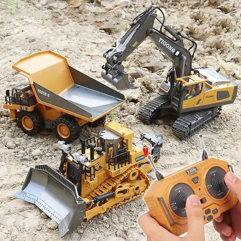 A remote controlled excavator, bulldozer, and dump truck toy set in yellow and black on dirt ground with a controller.