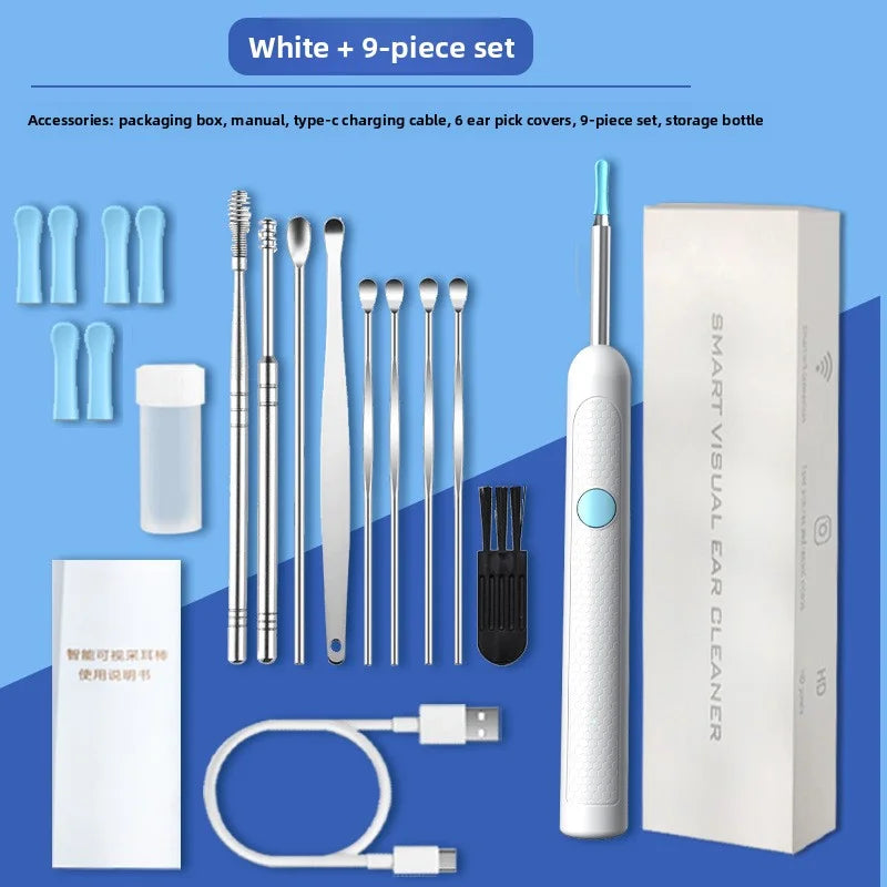 White 9-piece set of smart visual ear cleaners including a box, manual, charging cable, ear pick covers, and storage bottle