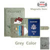 A grey RFID blocking passport holder with slots for cards and a passport, featuring a magnetic item stop scanning symbol.