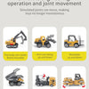Set of six die-cast construction truck toys including an excavator, loader, and tractor demonstrating joint movement.
