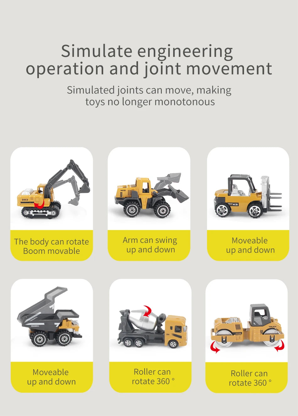 Set of six die-cast construction truck toys including an excavator, loader, and tractor demonstrating joint movement.