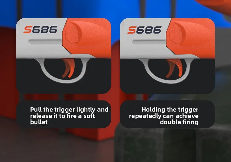 Two orange and white S686 toy rifles demonstrating single and double firing actions.