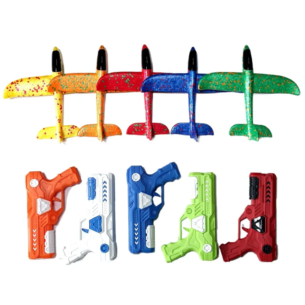 A set of colorful foam glider plane launchers and catapult toys for kids.