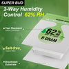A close-up of Super Bud 2-Way Humidity Control packs showing a 62% RH indicator and 8 gram content.