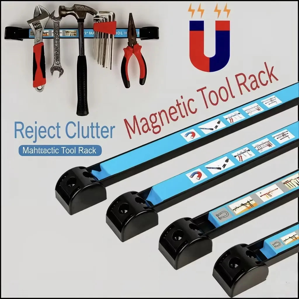 A set of magnetic tool rack strips and tools including pliers, hammers, and wrenches.