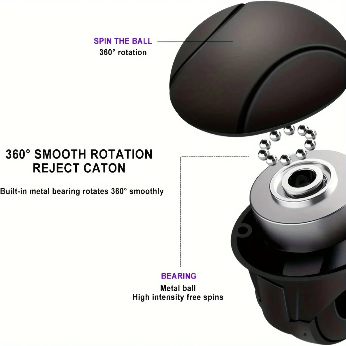 A close-up view of a black silicone steering wheel knob with a metal bearing for 360 degree smooth rotation.