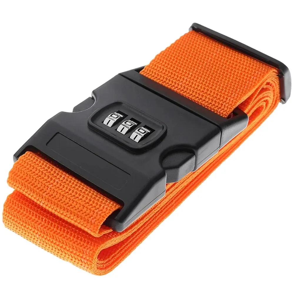 Orange adjustable luggage strap with a black combination lock buckle