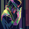 A vibrant, abstract illustration of Michael Jackson's profile in various neon and dark colors.