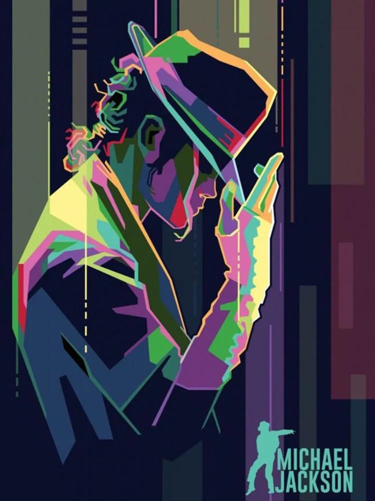 A vibrant, abstract illustration of Michael Jackson's profile in various neon and dark colors.