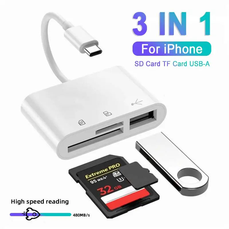 Weiße 3-in-1 SD-Karte TF-Karte USB-A Adapter mit abnehmbarem Kartenlesermodul und Speicherkarte.