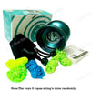 A green box and several yellow, blue, and lime green yarn ropes are displayed next to a dark metal yoyo.