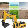 Yellow compact construction excavator with tracks and hydraulic arms shown against various terrain types.