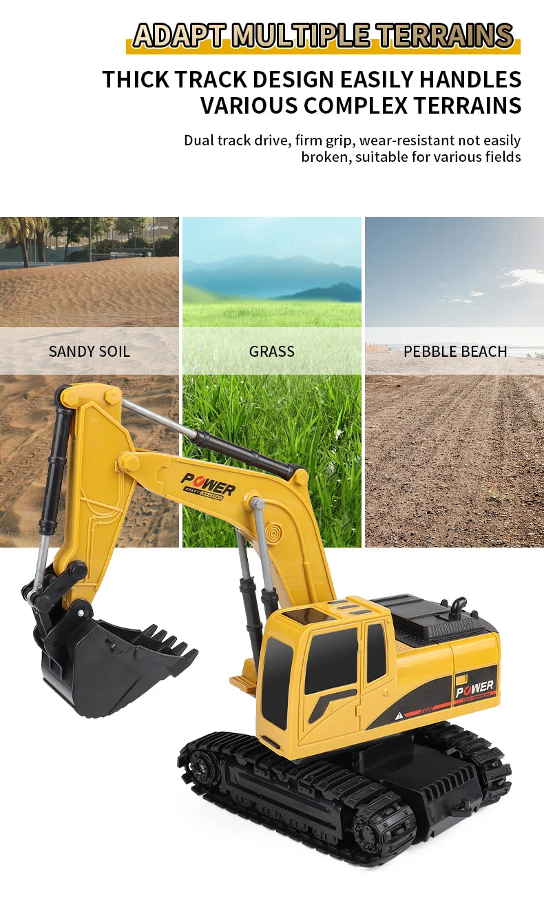 Yellow compact construction excavator with tracks and hydraulic arms shown against various terrain types.