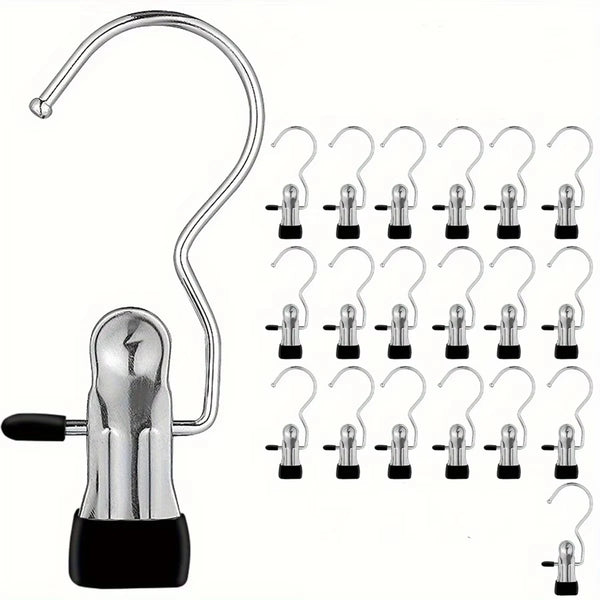 Stainless steel multifunctional pant and boot hangers with curved hooks and a base.